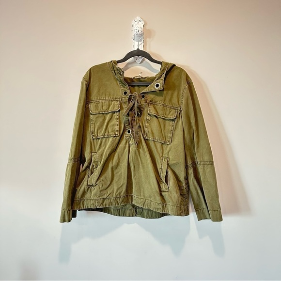 Free People Army Green Safari Lace-Up Hooded Plunge Pullover - Picture 2 of 11